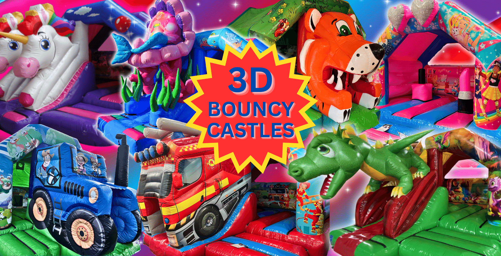 The Party Doctors offer an impressive range of 3D bouncy castles in a range of eye-catching themes including princess, mermaid, dinosaur, dragon, tractor, jungle & fire engines.
